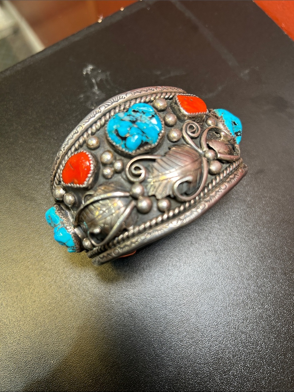 Silver Leaf Cuff Bracelet with Turquoise and Coral Accents